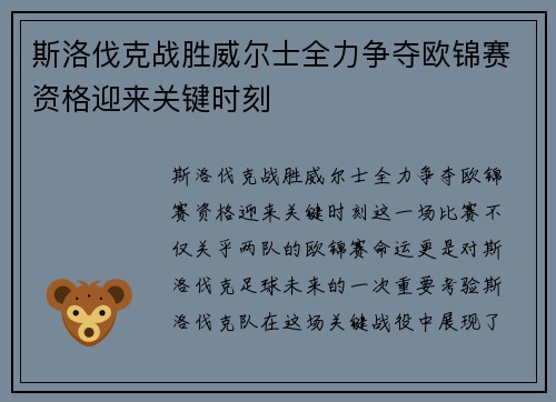 斯洛伐克战胜威尔士全力争夺欧锦赛资格迎来关键时刻