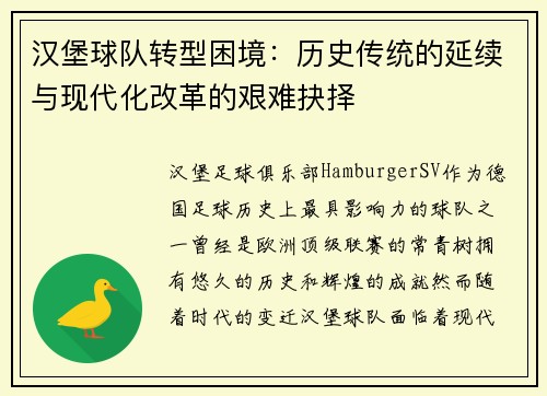 汉堡球队转型困境：历史传统的延续与现代化改革的艰难抉择