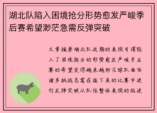 湖北队陷入困境抢分形势愈发严峻季后赛希望渺茫急需反弹突破